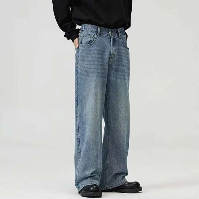 Male Classic America Hip Hop Rap Jeans Wide Leg Youth Popular Jeans Men Straight Leg Retro Loose Trousers Oversized Denim Pants