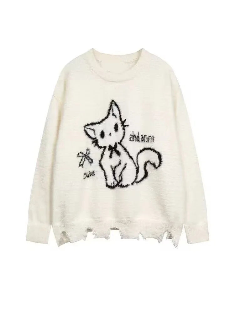 Winter American New Green Bow Neck Sweater Women Loose Print Pattern Vintage High Street Lazy Wind Knitted Sweater