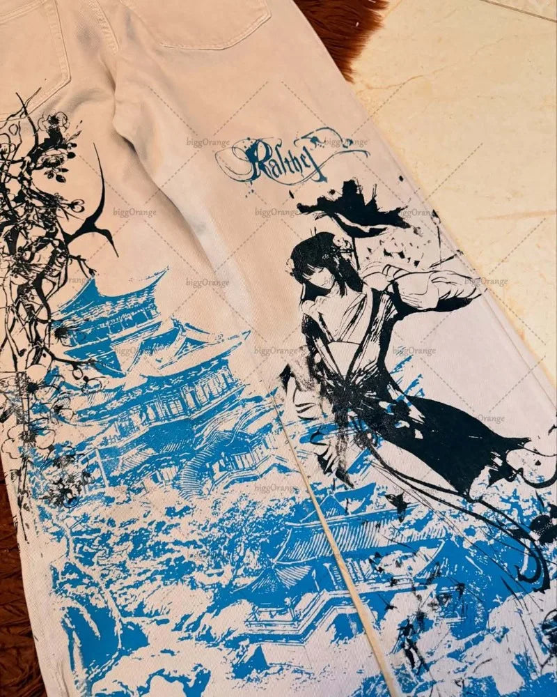 Y2K Harajuku Anime Printed Baggy Cargo Jeans Hip-hop Streetwear Trousers Gothic Punk High Waist Wide-leg Straight Pants Women