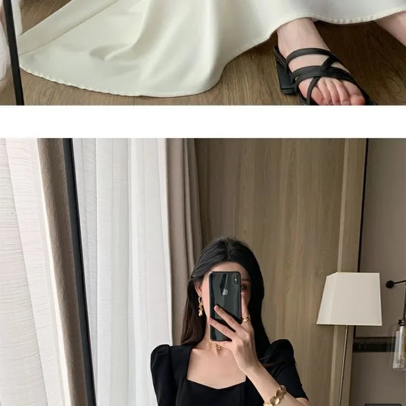Elegant High-waisted Slimming Black Square Collar Long Dress 2024 New Style Vintage French Fashion For Women