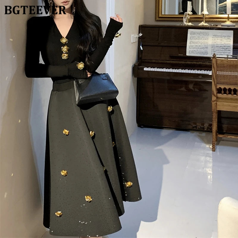 BGTEEVER Spring Elegant Ladies 2 Pieces Skirt Set Long Sleeve V-neck Pullovers & High Waist Loose A-line Skirts Women Outfits