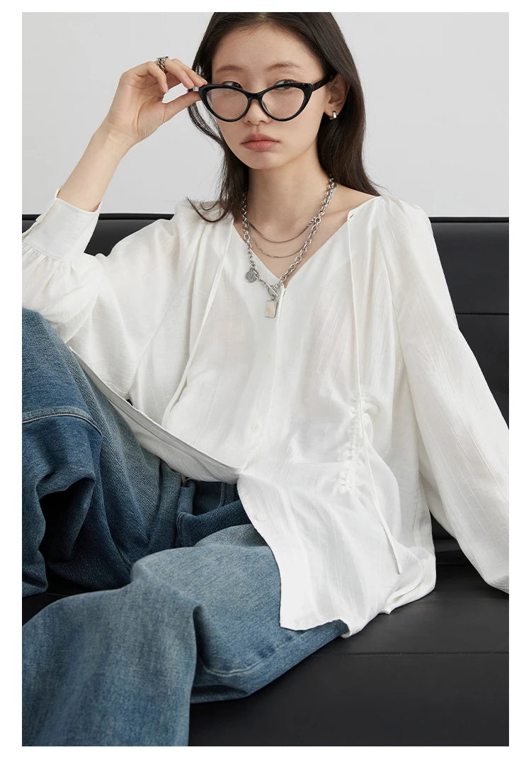 CHIC VEN Women Loose Lace Up Shirt Solid New Korean V-neck Pleated Raglan Long Sleeved Blouses Female Tops Spring Summer 2025