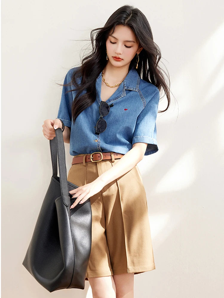 Casual Denim Shirts For Women 2024 Fashion Vintage Short Sleeve Loose Shirt Korean Style Single-Breasted Commuting Tops