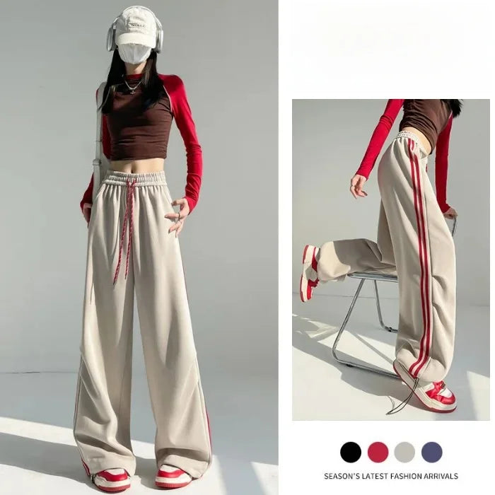 New 2025 American Stripe Sports Pants Women's Spring Autumn Wide Leg Loose Jazz Dance Casual Parachute Long Trousers