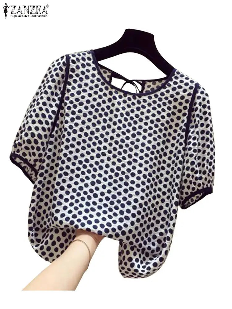 ZANZEA Casual Loose Women Blusas Mujer 2024 Summer Stylish Tied Back O Neck Puff Sleeve Tunic Tops Polka Dot Elegant Blouses