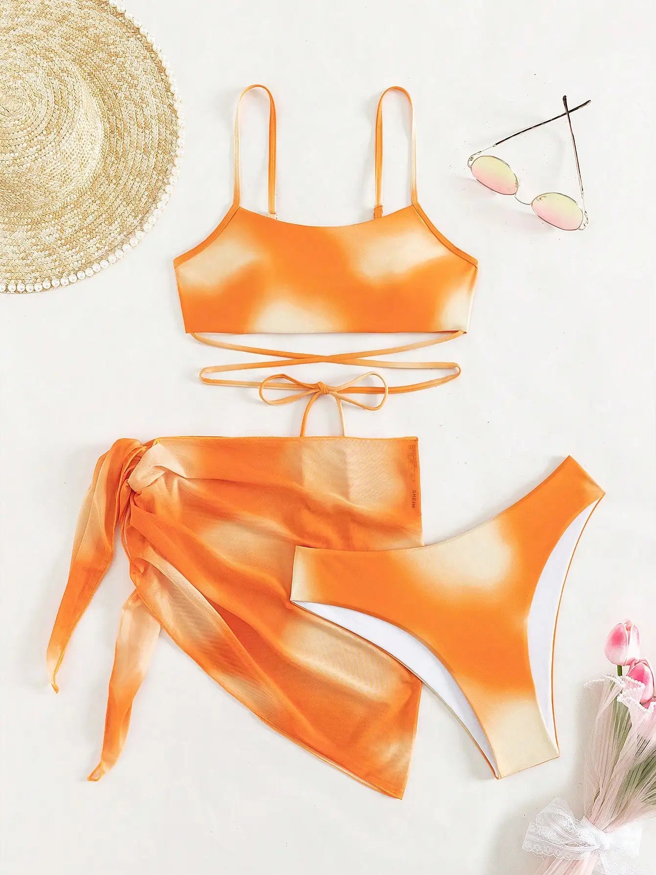 3 Pieces Ombre Lace Up Bikini Swimsuit & Beach Skirt Sexy Swimwear Women 2025 Bathing Swimming Swim Suit Female Summer Beachwear