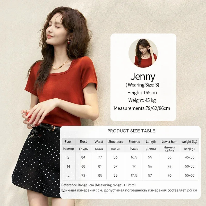 MISHOW Short Sleeve T-shirts Women Spring Solid Square-neck Top Elegant Woman Clothes Office Lady Cotton Tees MXC12T0641