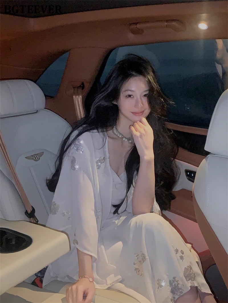 BGTEEVER Autumn Winte Slim OL Embroidery Set Long Sleeve Cardigans & Spaghetti Strap Package Hip Dress Ladies 2 Pieces Set