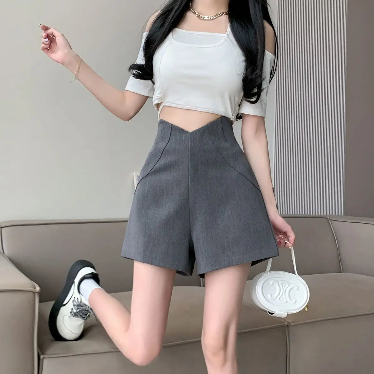 Woman Suit with Short Pants Grey Wide High Waist Irregular Shorts for Women Aesthetic Wholesale Elegant Harajuku Fashion To Wear