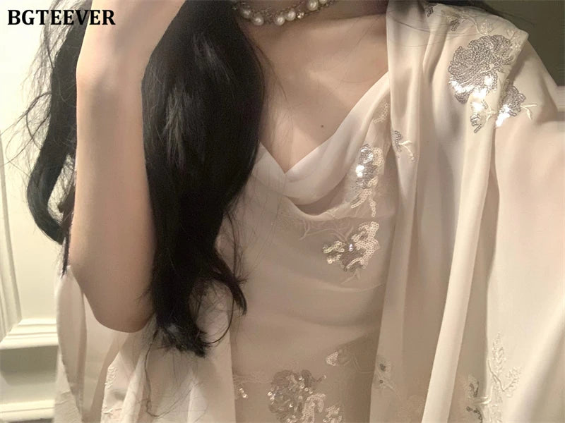 BGTEEVER Autumn Winte Slim OL Embroidery Set Long Sleeve Cardigans & Spaghetti Strap Package Hip Dress Ladies 2 Pieces Set