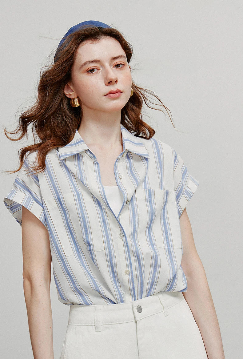 TOYOUTH Women Blouse Shirt 2025 Summer New Blue and White Striped Sleeveless Turn Down Collar Casual Shirt Tops 8522042