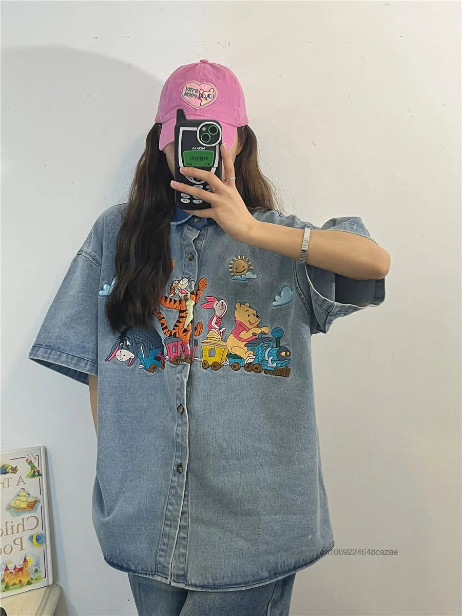 Disney Winnie The Pooh Antique Style Niche Childlike Fun Embroidery Denim Shirt Womem's Summer Loose Shirt Casual Versatile Top