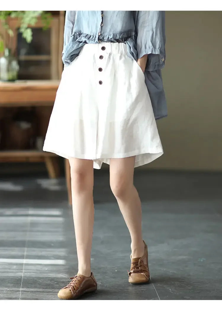 Vintageartistic High-waisted Slimming Cotton Linen Shorts For Women Casual Loose-fit Bell Bottoms 2024 New Style