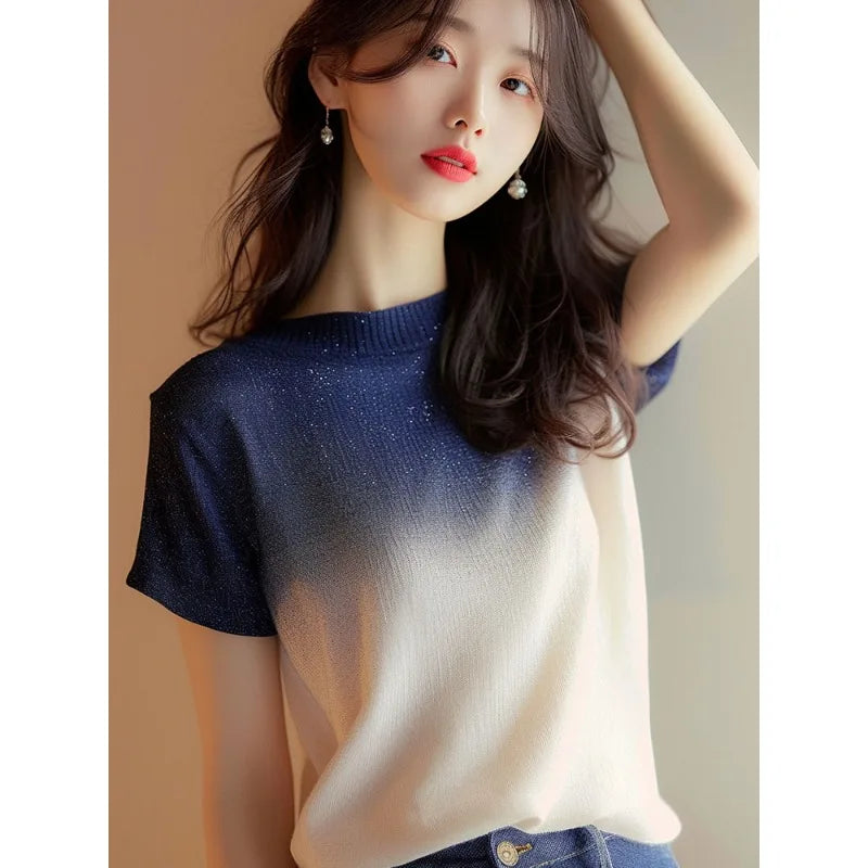 Women Clothes Summer Fashion Korean All-match Fashionable Appear Thin Ice Shreds Gradient Color Temperament Short Sleeve Tshirt