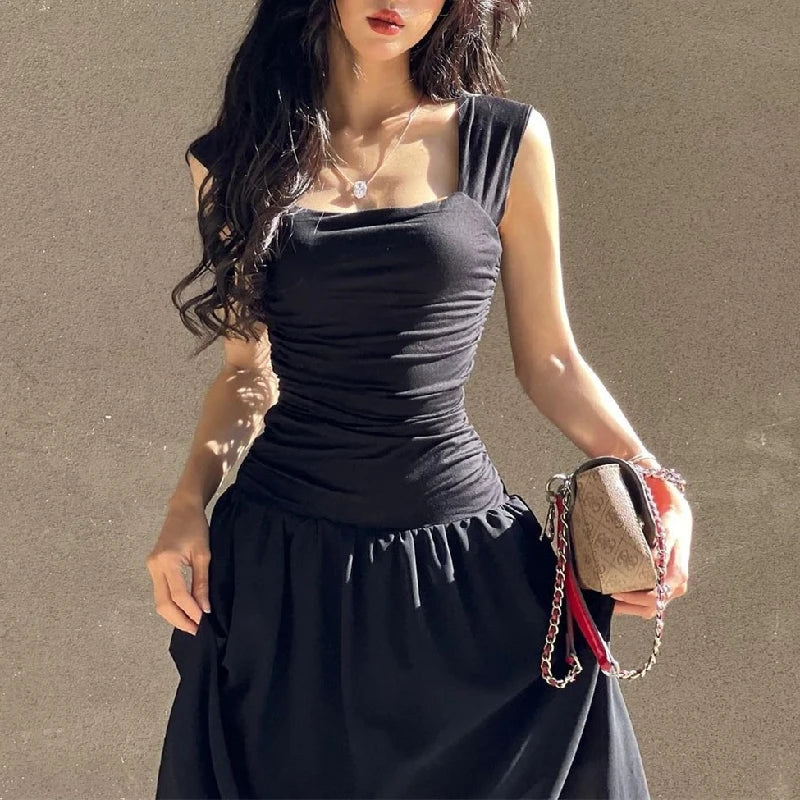 WhereMery Elegant Slip Long Dresses Sexy Women Ruched Bodycon Solid Maxi Dress Spring Y2K Summer Temperament High-waist Vestidos