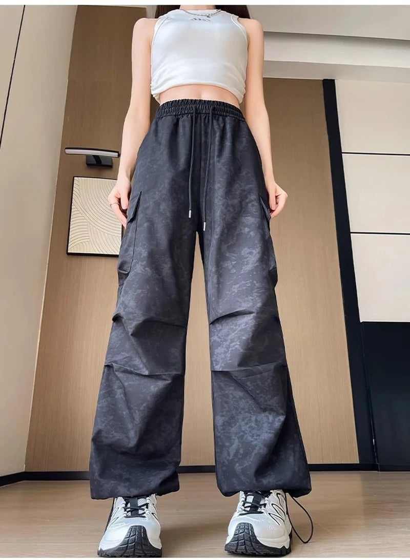 Zoki Tie Dye Streetwear Cargo Pant Women Vintage Loose High Waist Y2K Trousers Harajuku American Casual Summer Bf Wide Leg Pants