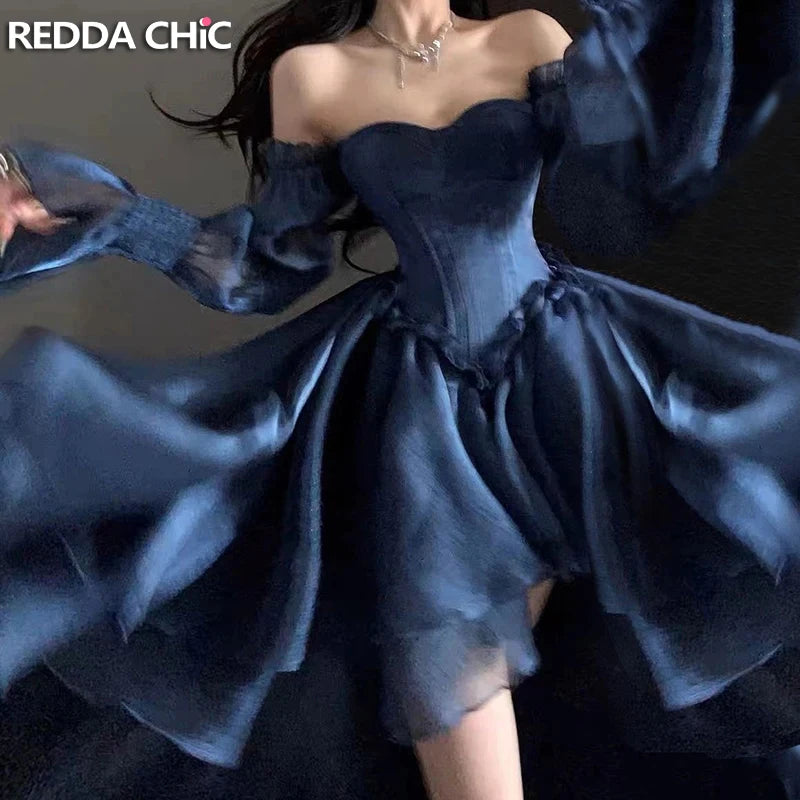 REDDACHiC Royal Blue Beaded Trailing Mini Dress Stain Jacquard Corset Laced Puff Sleeves Princess Dress Women Wedding Party Gown