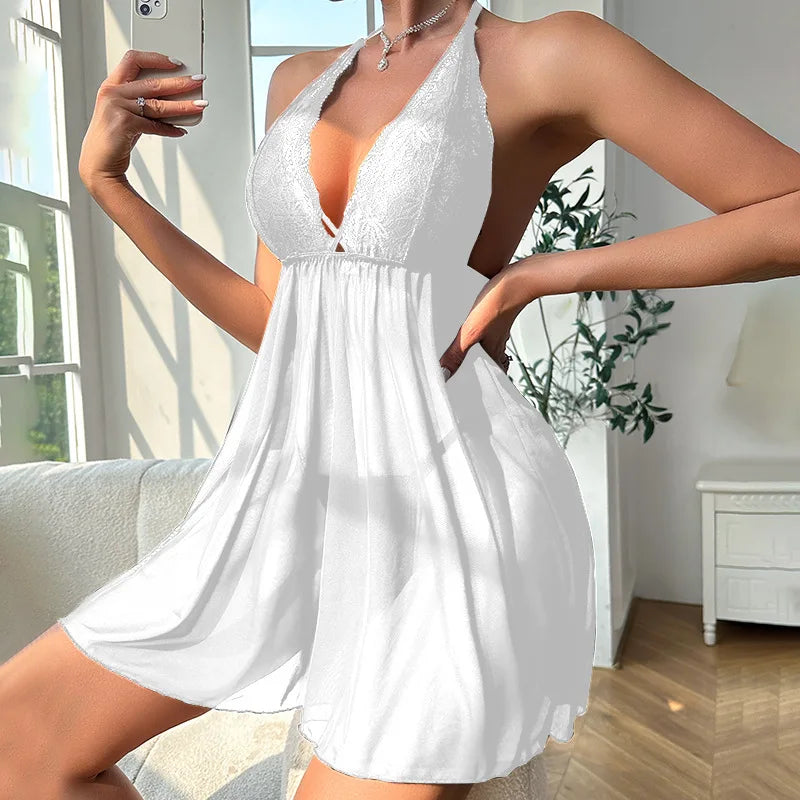 Sexy Comfortable Pajamas Solid Color Mesh Perspective Temptation Backless Nightgown Transparent Hot Femal Lingerie Dress Mujer