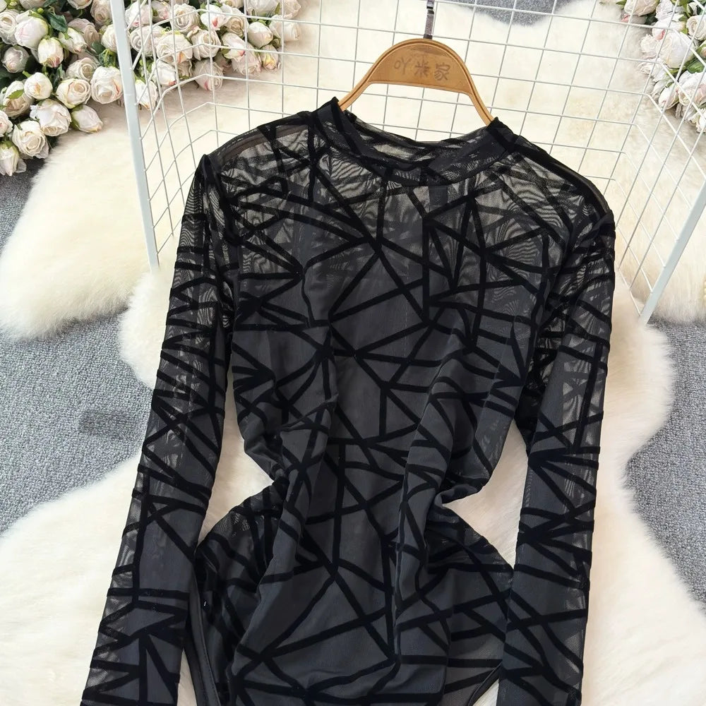 Foamlina Sexy Hollow Out Mesh Bodysuits for Women Fashion Striped Print Stand Collar Long Sleeve Slim Fit Club Party Jumpsuits