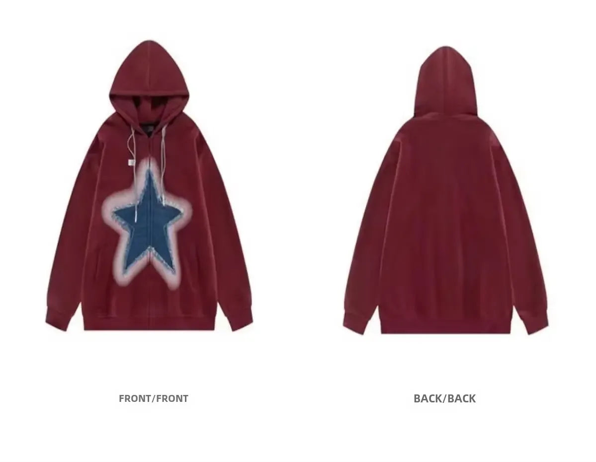 Vintage Star Print Hooded Sweatshirt Unisex Loose Fit Fashion Jacket For Men Women Ideal For Couples