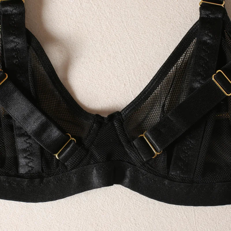 Cross-border new black mesh heavy-duty push-up bra with steel ring garter belt sexy sister lingerie set neck strap