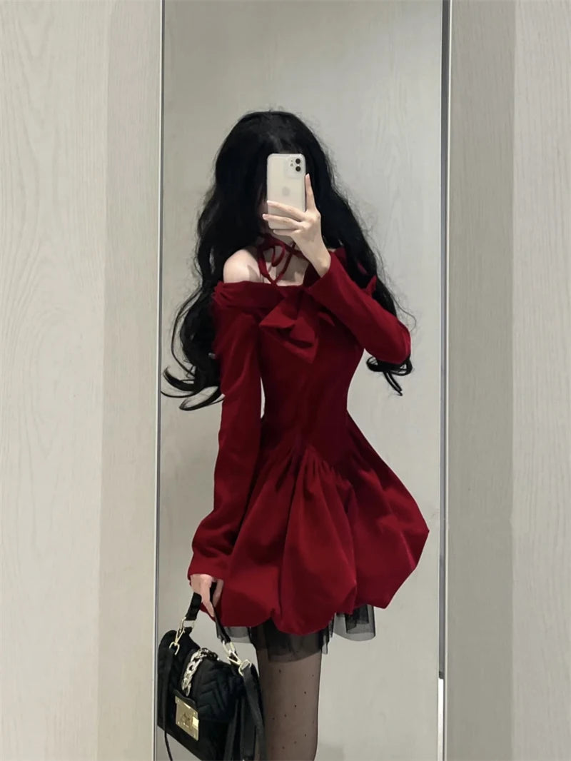 MEXZT Vintage Bow Mini Dress Women Y2K Sexy Slash Neck Red Velvet Dresses Winter Kawaii Christmas Party Bodycon A Line Vestidos