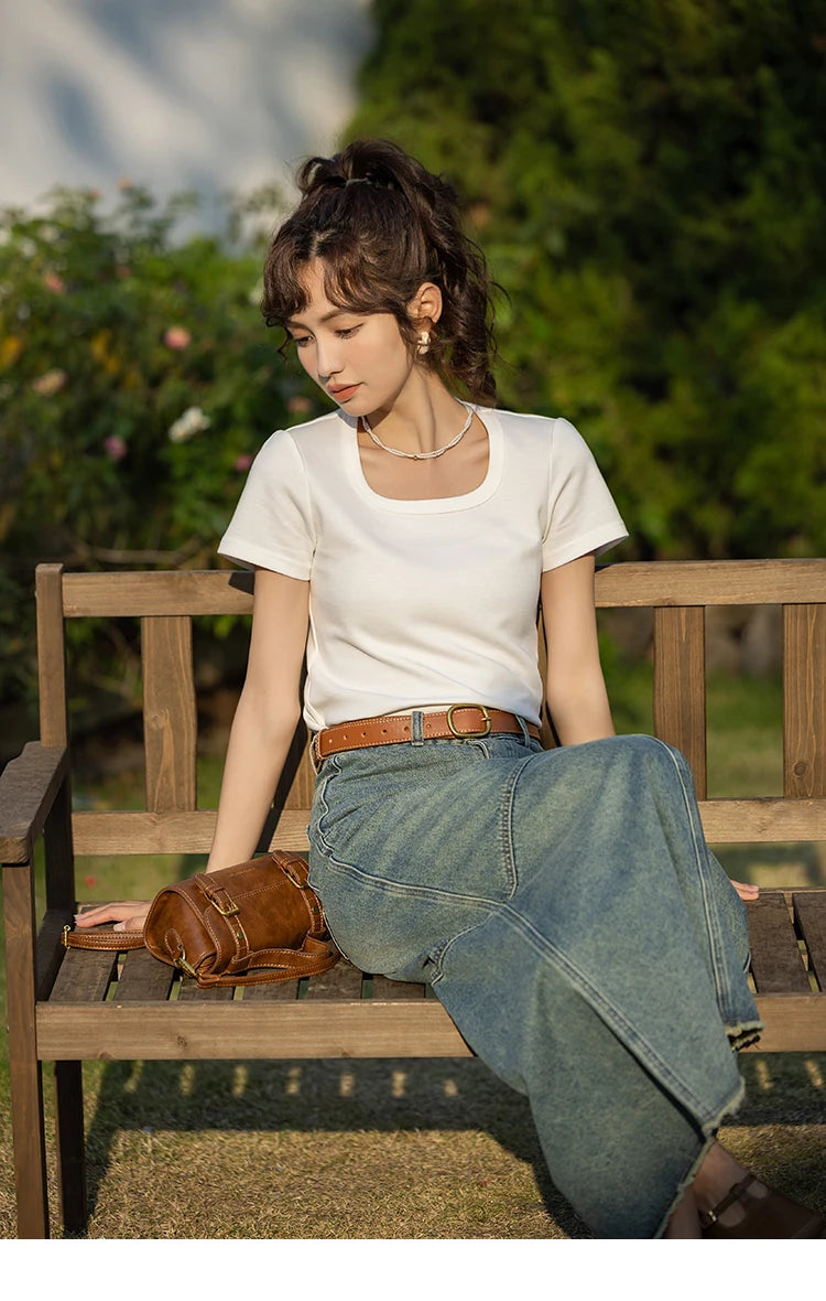 MISHOW Short Sleeve T-shirts Women Spring Solid Square-neck Top Elegant Woman Clothes Office Lady Cotton Tees MXC12T0641