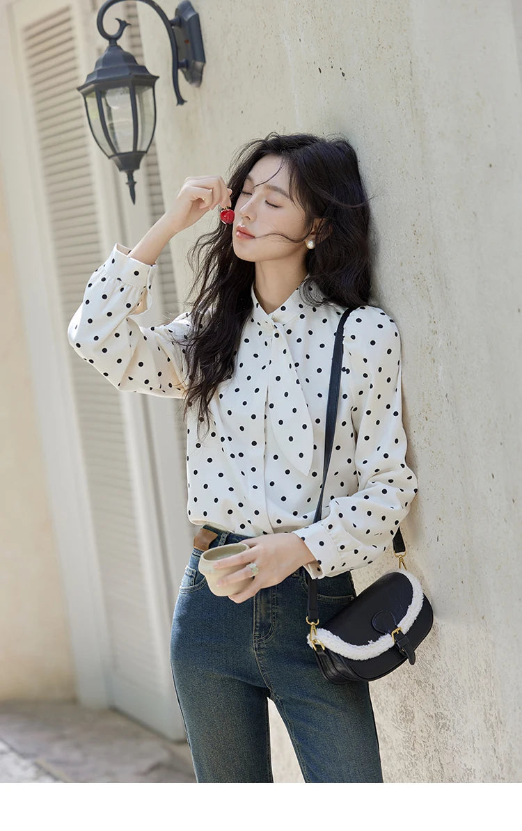 MISHOW Wave Point Long Sleeve Brushed Blouse Rabbit Ear Collar 2024 Winter Women Clothes Temperament Thickened Shirts MXD56X1697