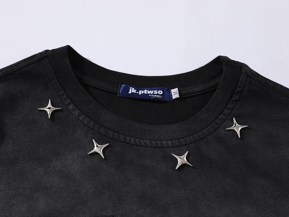 Distressed Ripped T Shirts Metal Star Tee Emrboidery Vintage Loose Tshirt 2025 Men Harajuku Streetwear Oversized Hip Hop T-shirt