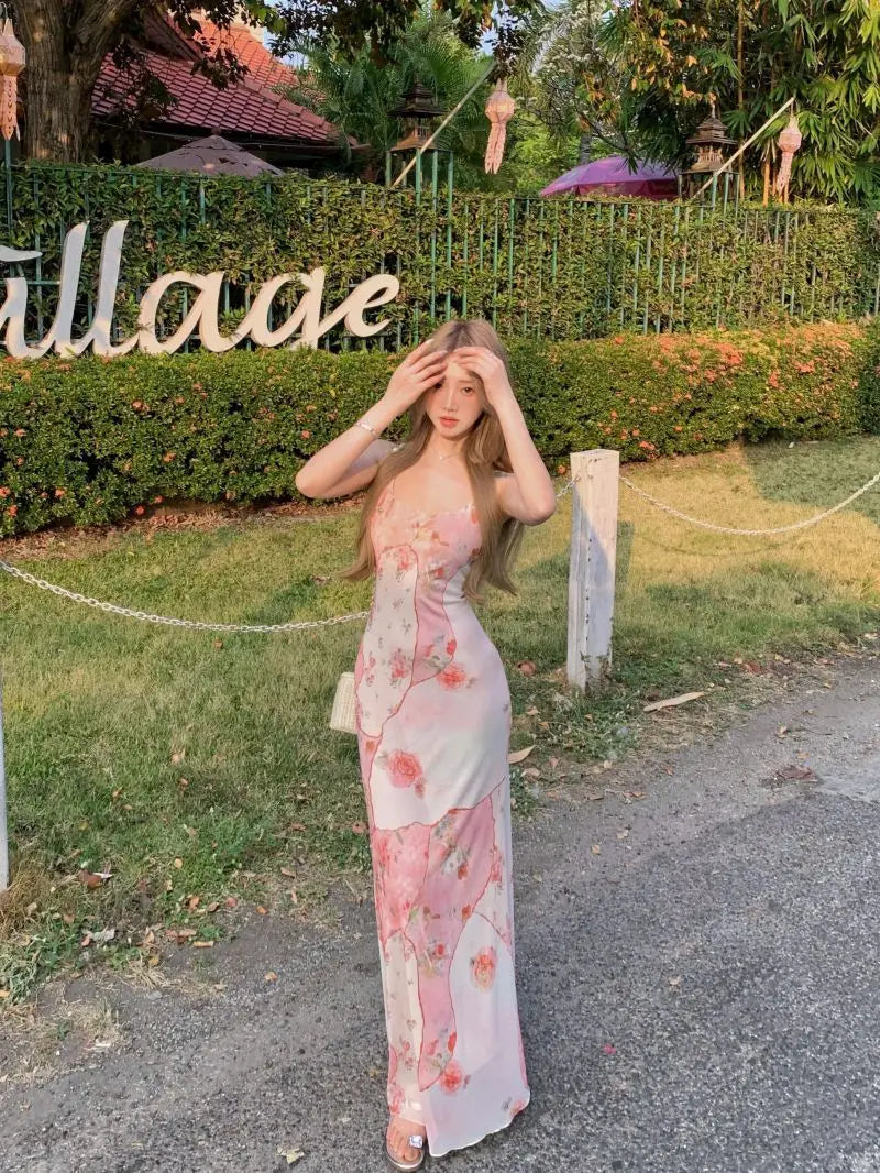 Summer Floral  Boho Dress Women Sleeveless Slim Fit Party Midi Dress  Mesh Patchwork Long Bodycon Elegant Beach Holiday Dress