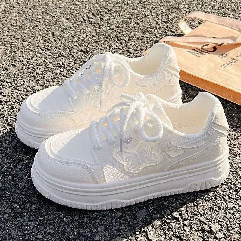 Summer Thick Bottom Casual Sports Shoes Women's New Style Breathable PU Material Comfortable All-Match Chic White Sneakers