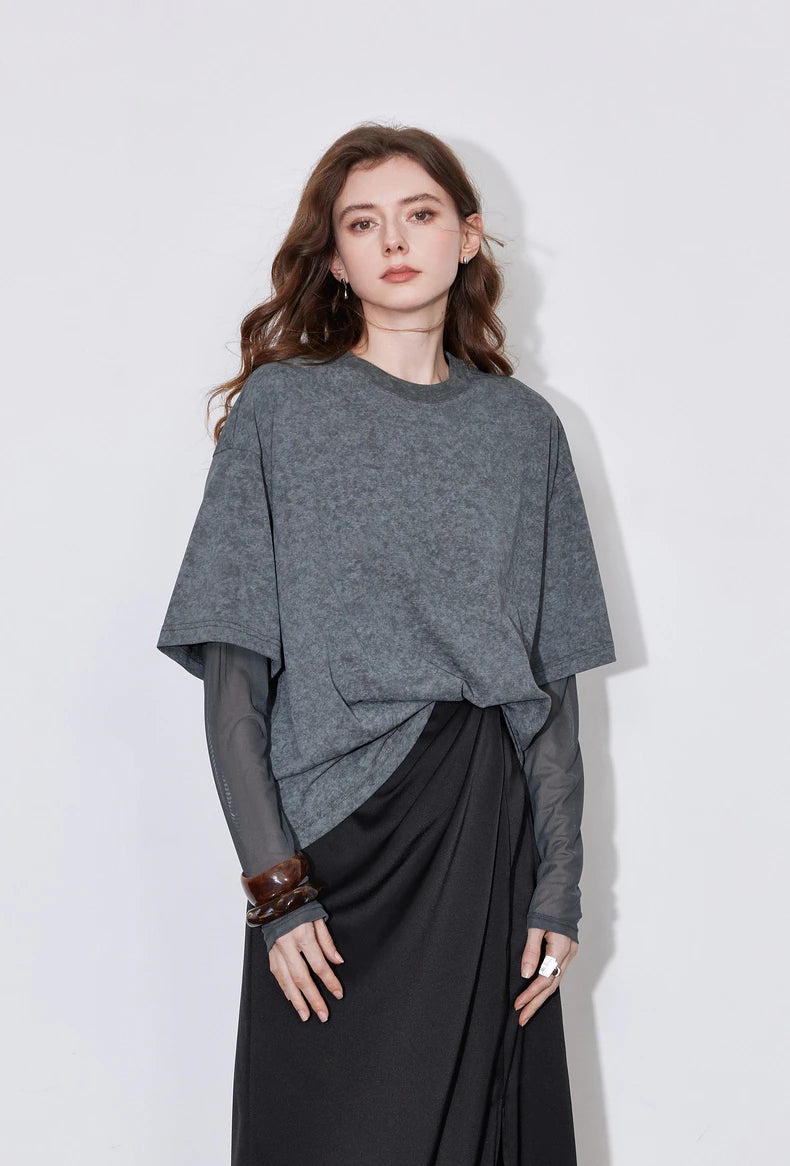 TOYOUTH Women T shirt 2025 Spring New Fake Two Piece Printed Round Neck Fashionable Pullover T shirt