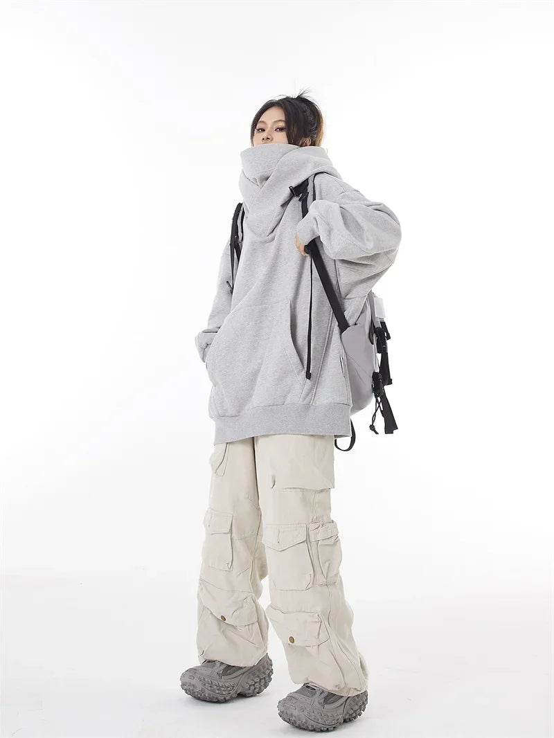 Autumn Solid Color Ninja Turtleneck Hoodies For Men Y2K Vintage Fleece Sweatshirts Hip Hop Japanese Streetwear Oversized Hoodie