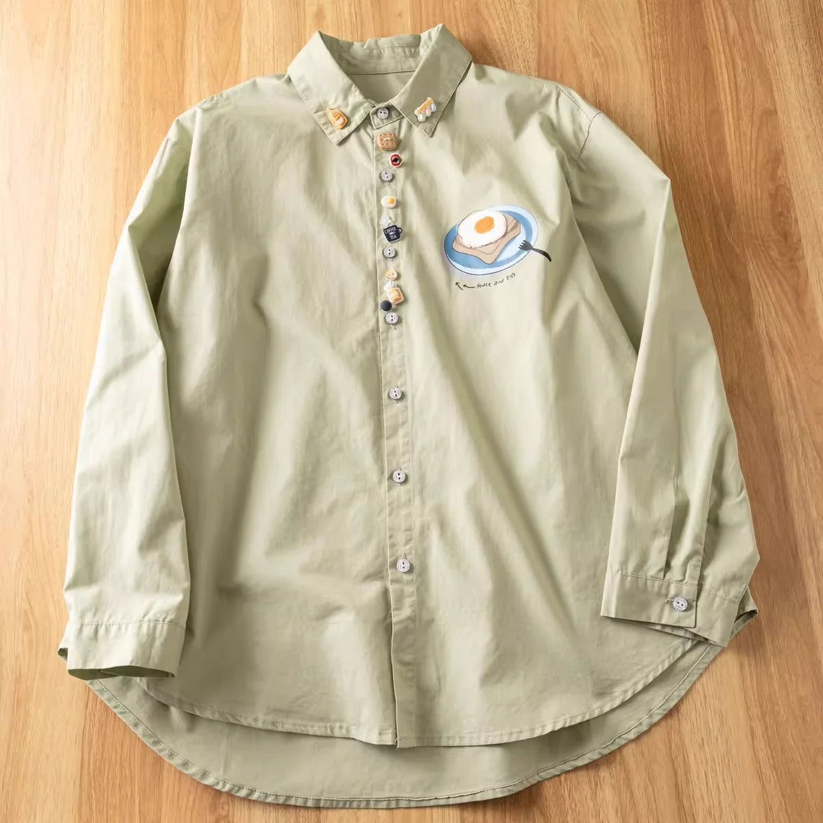 2025 Japanese vintage fashion cartoon buttons white beige green shirts and blouses for women spring long sleeve tops