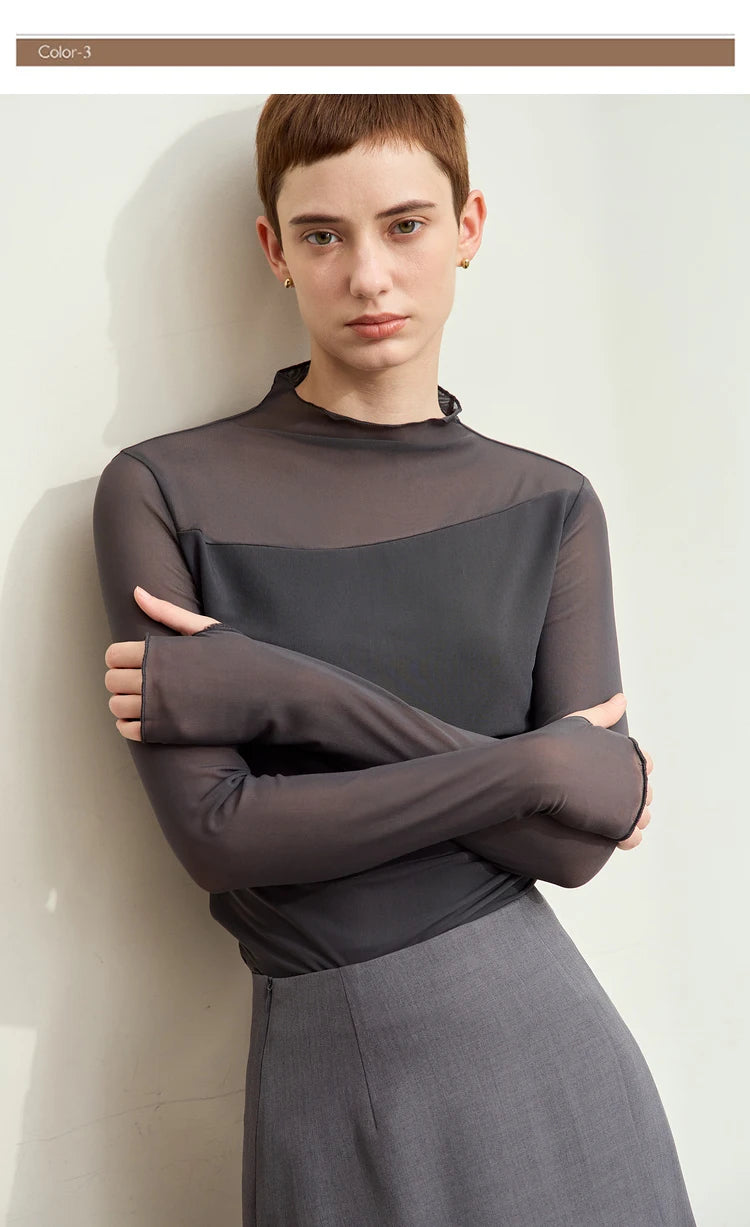 Amii Minimalism Mesh T-shirts For Women 2025 Spring New Office Lady Half-high Neck Micro Perspective Slim Retro Shirt 12423055