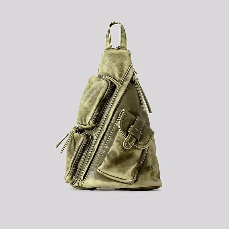 Annmouler Designer Backpacks for Women Soft Washed Letaher Sling Chest Bag Vintage Multi-pockets Punk Style Small Bag