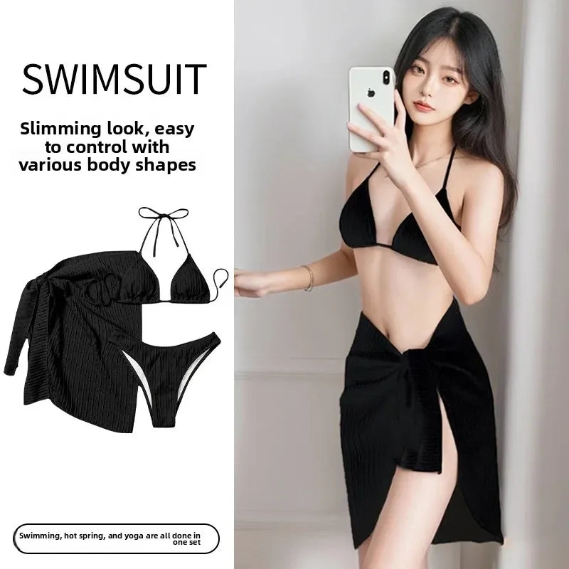 Sexy Bikini Swimsuit Women's New 2025 Three-piece Set Neck Hanging Net Skirt Hot Spring Vacation Swimwear Fashionable Chinese Br