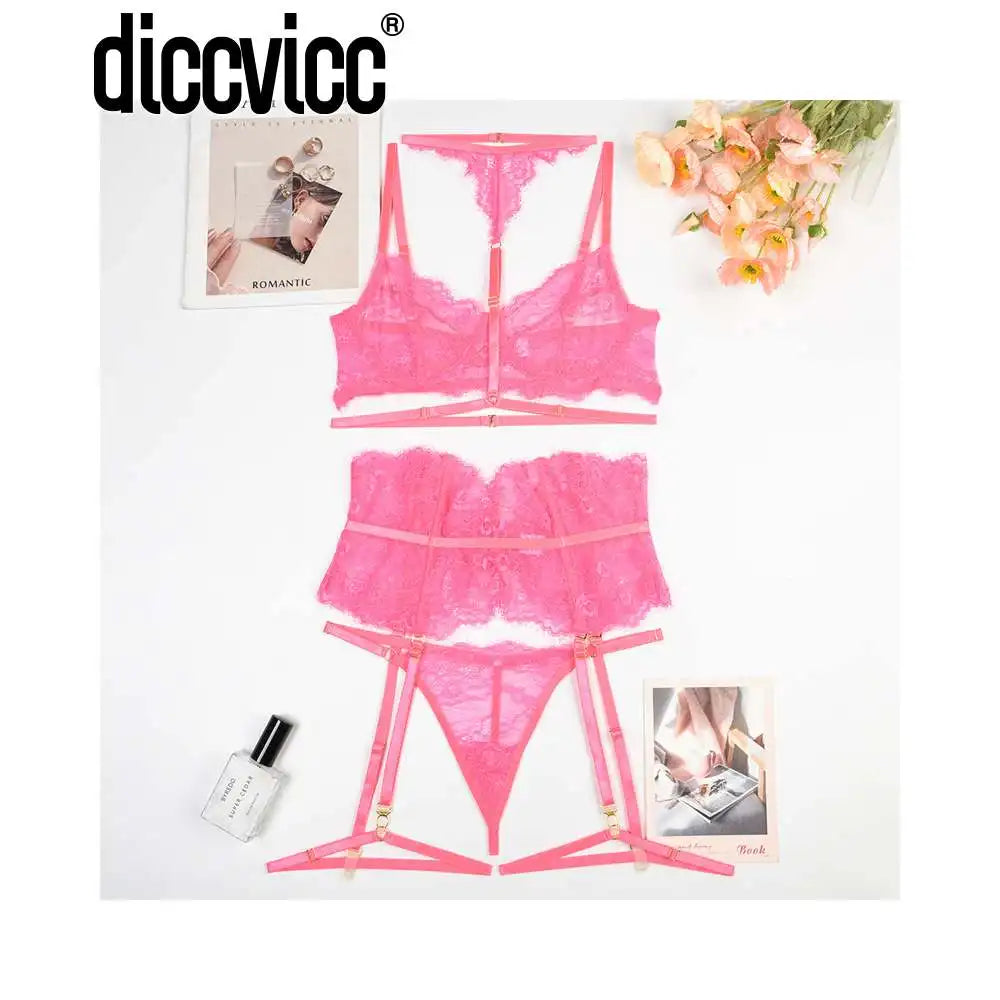 Diccvicc Beautiful Lingerie Eyelash Elegant Transparent Lace Bra Panty Set Floral Embroidery Women Sexy Underwear Exotic Outfit
