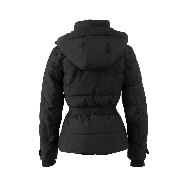 Fashion Hooded Padded Coats With Belt Women Slim Stand Collar Full Sleeve Pocket Coat Winter Lady Thicken Warm Skiing Jacket
