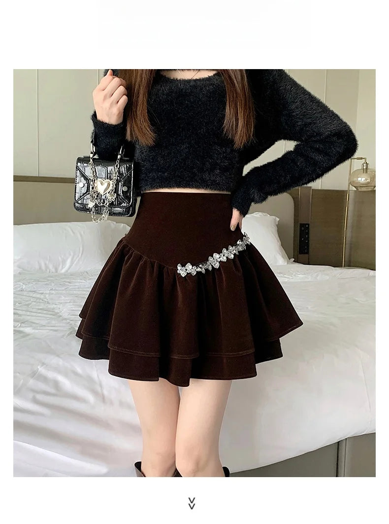 Bla Velvet Cake f Skirt Women's Autumn Winter High Waist A-Line Fluffy ort Skirt Small Size Pleated f Skirt