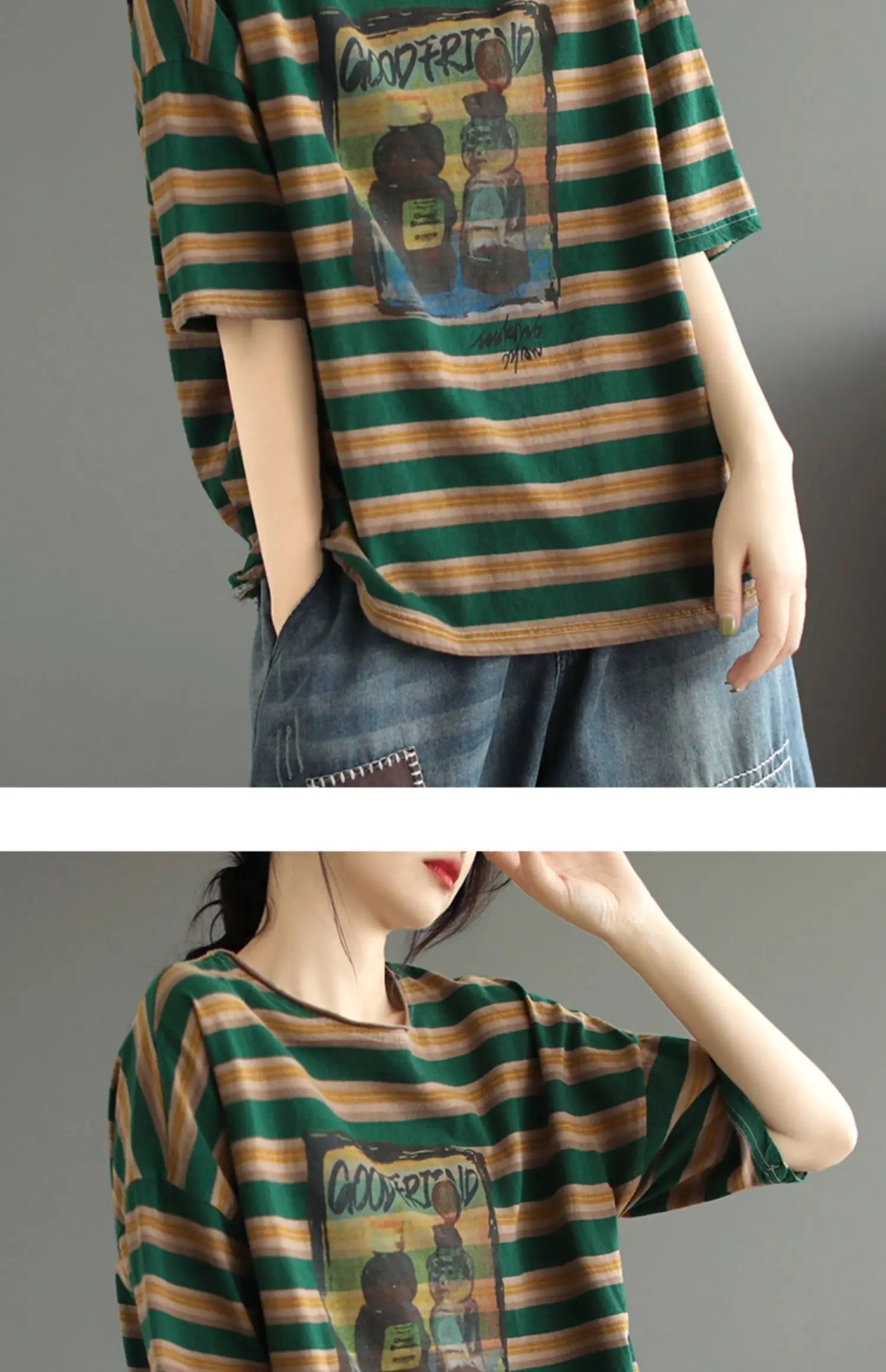 plus Size Women's Cotton T-irt ort Sve Slimming Top Summer Street Sle Printed round Ne Loose Fit Casual Wear