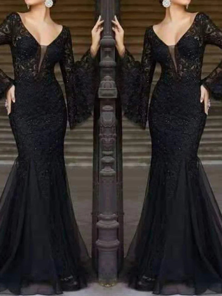 Rafiah Boutique Women's Even Dress 2025 Summer Sophisticated Glamorous Long Dress Long Sleeve V-Neck Wedding Mermaid Hem