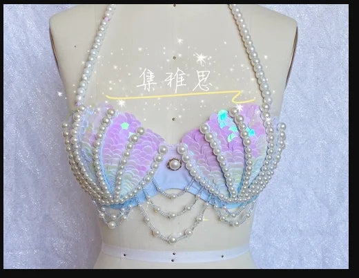 Mermaid Swimsuit Women Bikini Handmade Sequins Shell Bikini Sets Freediving Show Swimwear Tassel Beading Chest Pad Cos Bar Bra