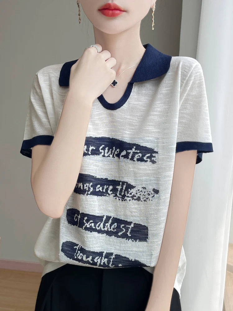 2025 New Large Size Summer Short Sleeve Scissor Collar T-Shirt Women High Grade T-Shirt Fashion Comfortable Leisure T-Shirt Tops