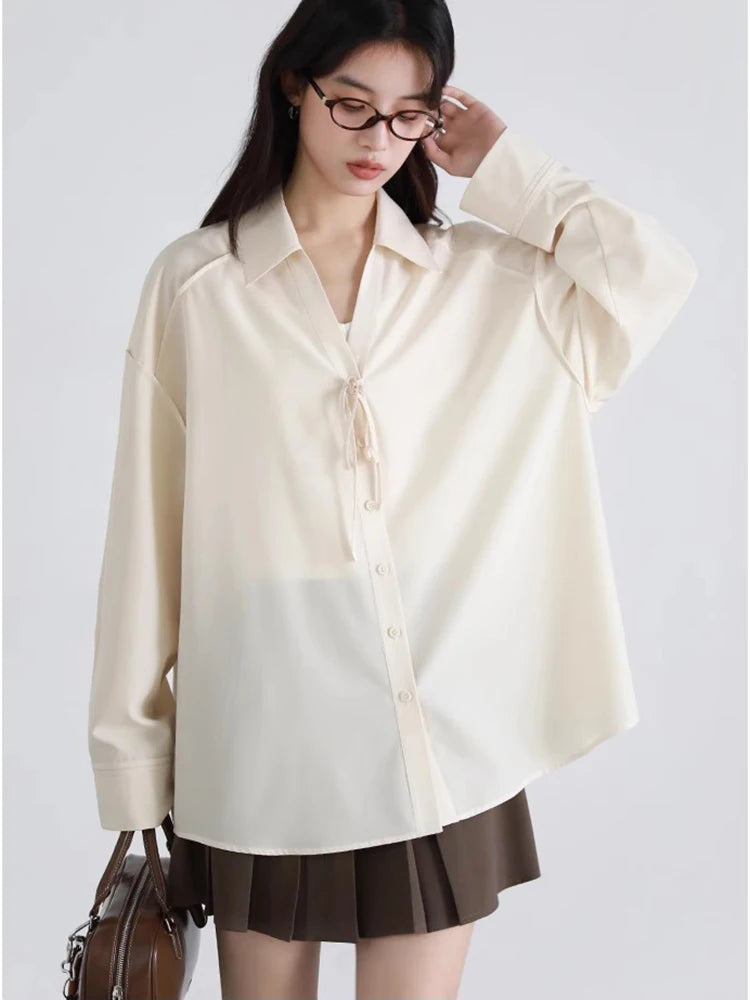 CHIC VEN Women Shirt Loose Casual Solid New Lapel Tie Design Sun Protection Blouses Long Sleeved Female Coat Summer 2025
