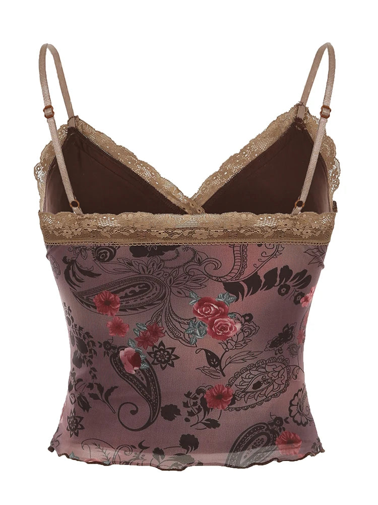 Rockmore Vintage Tulle Patchwork Floral Print Camis Women Mesh Lace Cross V Neck Crop Top Y2K Aesthetic Female Backless Corset