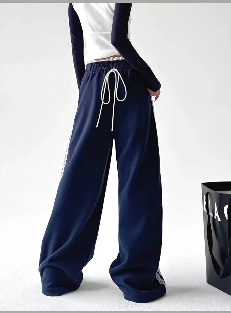 Trendy Casual Wide Leg Pants Women's Autumn Winter High Waist Splicing Lace Trim Drapey Slimming Sporty Trousers