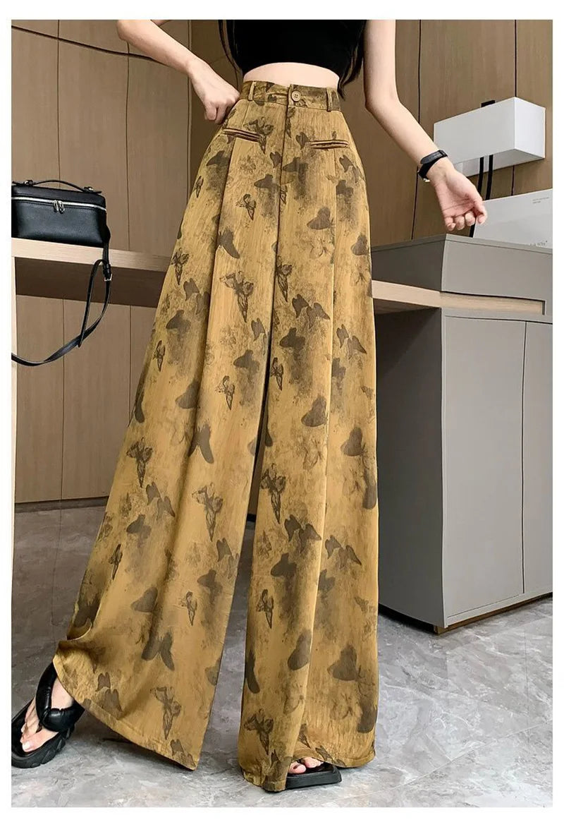 Zoki Bufferfly Print Satin Wide Leg Pant Women Loose Elegant Fashion High Waist Korean Trousers Casual Sweet High Quality Pants