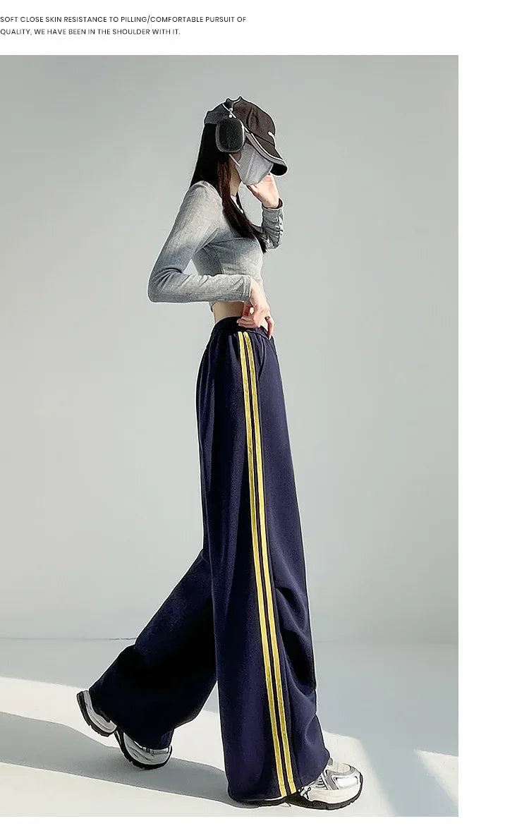 New 2025 American Stripe Sports Pants Women's Spring Autumn Wide Leg Loose Jazz Dance Casual Parachute Long Trousers