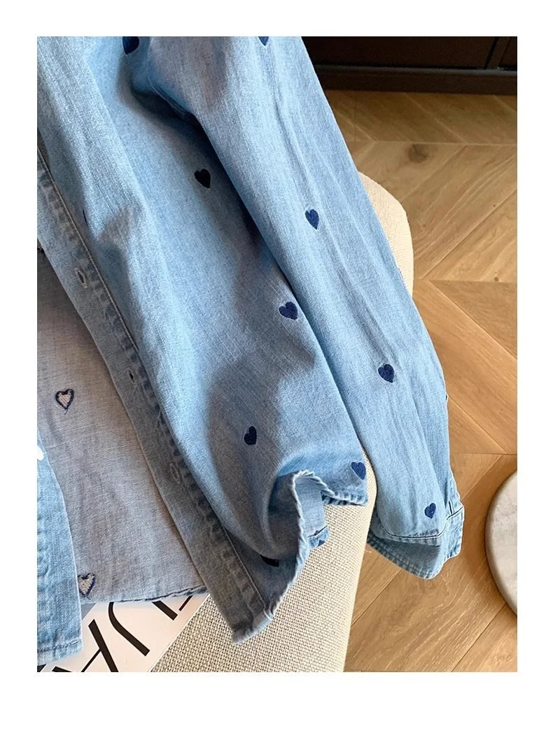 American Retro Blue Soft Denim Shirt Women's Spring Autumn Heart Print Thin Coat Casual Versatile Loose Long Sleeve Top Shirt